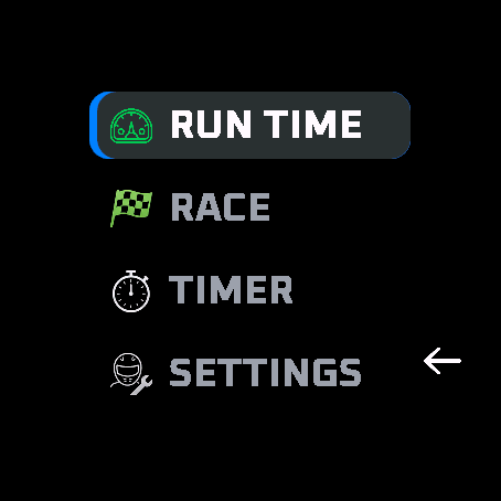 Home menu: Run Time, Race, Timer, Settings