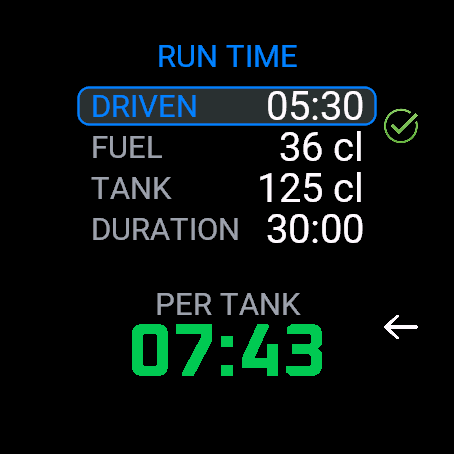 Run Time calculator with driven time, fuel used, tank size and resulting run time per tank