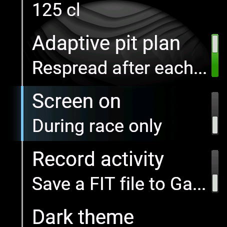 Settings list: adaptive pit plan, screen on, record activity, dark theme