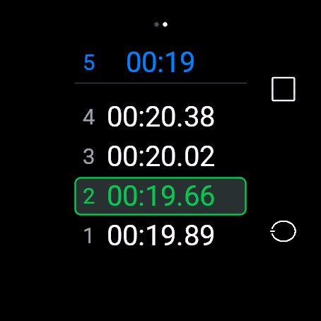 Lap timer showing the running lap and the previous laps, best lap in green